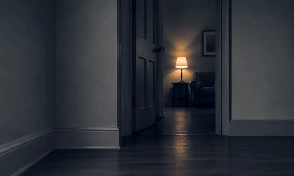 Open doorway reveals a softly lit, empty living room.