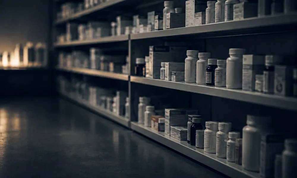 Pharmacy shelves lined with bottles and boxes in shallow focus.