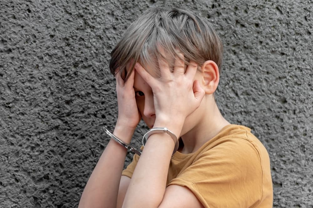The young offender is handcuffed against a gray wall, concealing his face. This image represents juvenile delinquency, petty theft, and incarceration.
